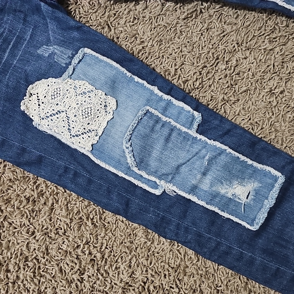 Free People Haynes Jeans Crochet Lace Patchwork Skinny Denim 27 Pants - Picture 5 of 13